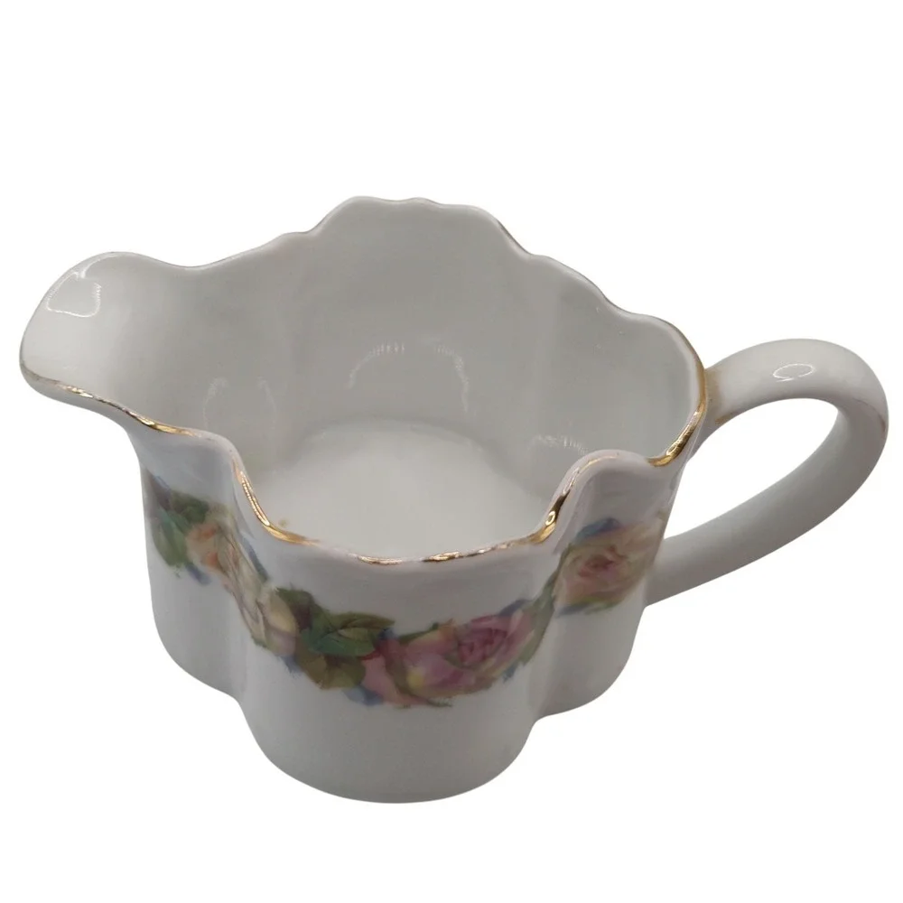 Antique‎ Z S Co Bavaria Creamer Porcelain Pitcher Pink Cabbage Rose Pattern Gilt